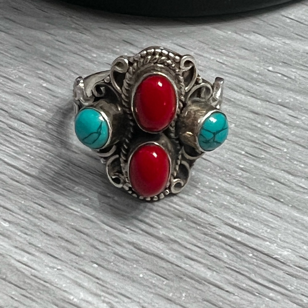 Sterling silver, turquoise, and red coral ring